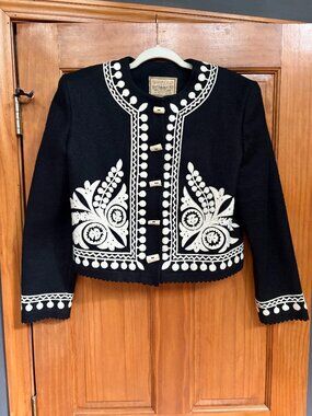 Double D Ranchwear Wool Cropped Jacket Small Black Cream Applique Toggle Western